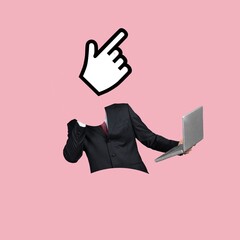 Sticker - Journalist, blogger. Man with computer hand sign instead head on background.