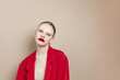 fashionable woman red lips fashion jacket Lifestyle posing