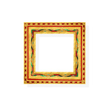 Yellow Gold Picture Frame Decorative With Green Red Glass And Engraving Patterns Isolated On White Background , Clipping Path