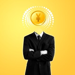 Poster - Rates, stock quotes and business. Man in suit with bitcoin sign instead head. Modern design,