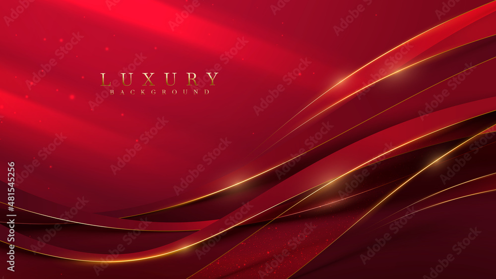 Red luxury background with golden curve decoration and glitter light ...
