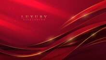 Red Luxury Background With Golden Curve Decoration And Glitter Light Effect.