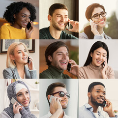 Canvas Print - Mosaic Of Multiracial People Talking On Phones Over Different Backgrounds