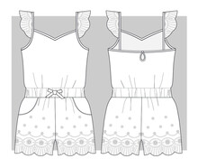Summer Jumpsuit  Thin Straps With Lace At Bottom. Technical Sketch. Vector Illustration.