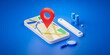 Location map pin of gps mobile app finding navigation application 3d direction icon or smartphone navigator technology and global positioning system address on phone background with delivery marker.