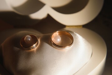 Wall Mural - Elegant wedding rings for the bride and groom on a black background with highlights, macro, selective focus