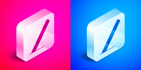 Poster - Isometric Medical surgery scalpel tool icon isolated on pink and blue background. Medical instrument. Silver square button. Vector