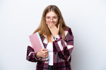 Wall Mural - Teenager student Russian girl isolated on white background happy and smiling covering mouth with hand