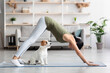 © Prostock-studio - Asian young woman doing yoga with her dog at home