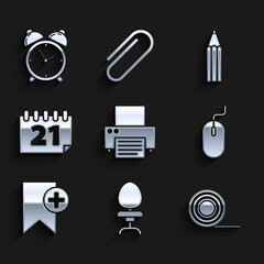 Sticker - Set Printer, Office chair, Scotch, Computer mouse, Bookmark, Calendar, Pencil and Alarm clock icon. Vector