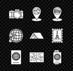 Poster - Set Photo camera, Map pointer with mountain, Coliseum Rome, Italy, Passport biometric data, pages visa stamps, ticket, Globe flying plane and Tourist tent icon. Vector