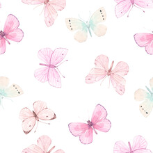 Beautiful Seamless Pattern With Cute Watercolor Butterflies. Stock Illustration.