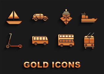 Sticker - Set Bus, Cargo ship, Trolleybus, Double decker, Scooter, Yacht sailboat or sailing and Hatchback car icon. Vector