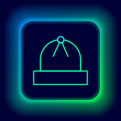 Poster - Glowing neon line Winter hat icon isolated on black background. Colorful outline concept. Vector