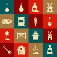 Wall Mural - Set Bag of flour, Windmill, Shovel, Cheese, Onion and Carrot icon. Vector