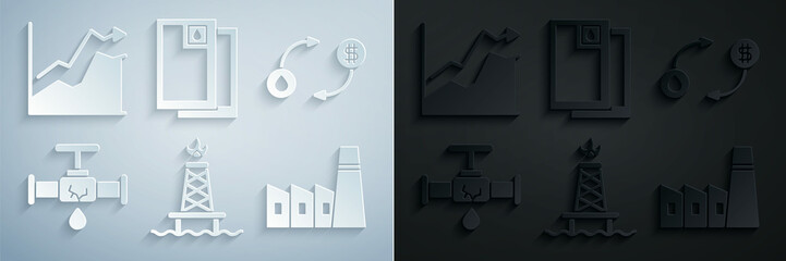 Set Oil rig with fire, exchange, Broken pipe leaking water, industrial factory building, Barrel oil and price increase icon. Vector