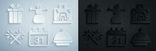Set Calendar, Interior Fireplace, Sparkler Firework, Christmas Covered With Tray, Snowman And Gift Box Icon. Vector