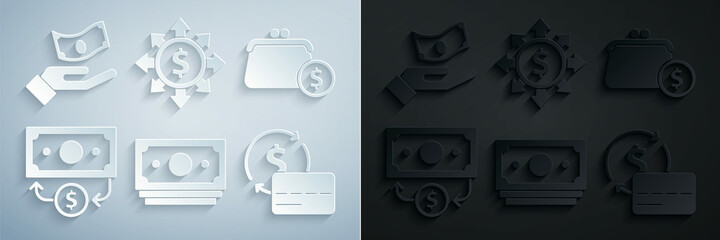 Poster - Set Stacks paper money cash, Wallet with coins, Credit card, Dollar, share, network and Hand holding icon. Vector