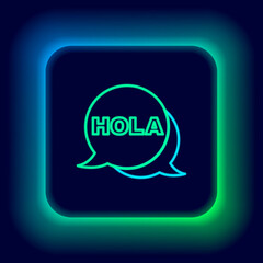 Poster - Glowing neon line Hola icon isolated on black background. Colorful outline concept. Vector