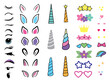 Set of unicorn creation kit. Collection of a magic unicorn constructor horn, eyes, ear, hairs for birthday party. Funny fairytale animal. Vector illustration of cartoon face pony. Drawing for girls.