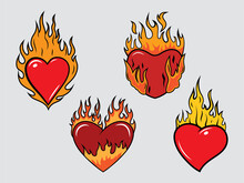 Set Of Burning Hearts. Collection Of Orange Flaming Heart  For Valentine's Day. A Symbol Of Passion And Love. Tattoo. Vector Illustration Isolated On White Background.