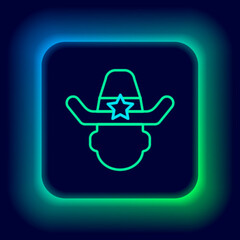 Sticker - Glowing neon line Sheriff cowboy hat with star badge icon isolated on black background. Police officer. Colorful outline concept. Vector