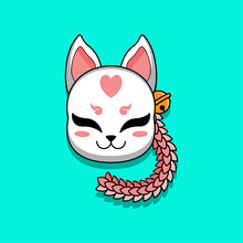 Cute Japanese Kitsune Mask With Sakura Flower, Vector Illustration Eps.10
