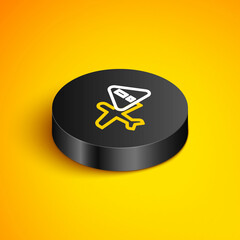 Sticker - Isometric line Warning aircraft icon isolated on yellow background. Faulty plane. Flying prohibition zone. Plane is forbidden for transportation and travelling. Black circle button. Vector