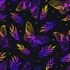 rainbow seamless pattern with elements stars, butterflies and leaves. trendy texture for print, text