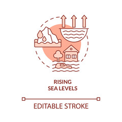 Wall Mural - Rising sea levels red concept icon. Effects of climate change abstract idea thin line illustration. Isolated outline drawing. Editable stroke. Roboto-Medium, Myriad Pro-Bold fonts used