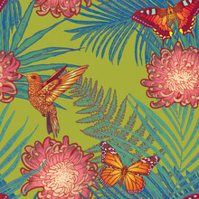 Vector Image Of A Seamless Texture For Fabrics And Paperjungle Thickets With Flowers Butterflies And Hummingbirds