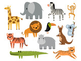 Fototapeta Pokój dzieciecy - Set of cartoon safari animal. Collection of cute wild animals. Decorative exotic animals. Zoo pets. Colorful illustration for children.