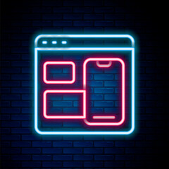 Glowing neon line Software, web developer programming code icon isolated on brick wall background. Javascript computer script random parts of program code. Colorful outline concept. Vector