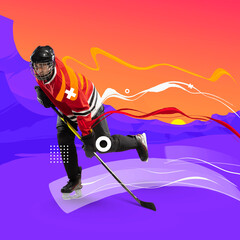 Contemporary art collage. Modern design. Man, professional hockey player in protective uniform training isolated over vivid colors background