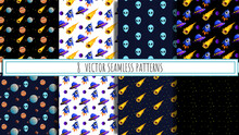 Set Of Seamless Vector Patterns With Space Print, Children's Illustrations On Space Theme, Spaceships, Aliens, Comet, Planet, Robot, Asteroid, Space, Galaxy, Rocket Flying Into Space, Alien Ship