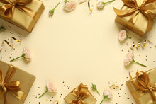 Frame Of Beautifully Wrapped Gift Boxes, Flowers And Confetti On Beige Background, Flat Lay. Space For Text