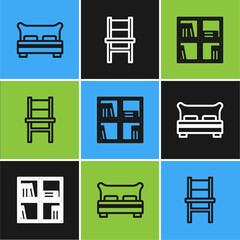 Wall Mural - Set line Big bed, Shelf with books and Chair icon. Vector