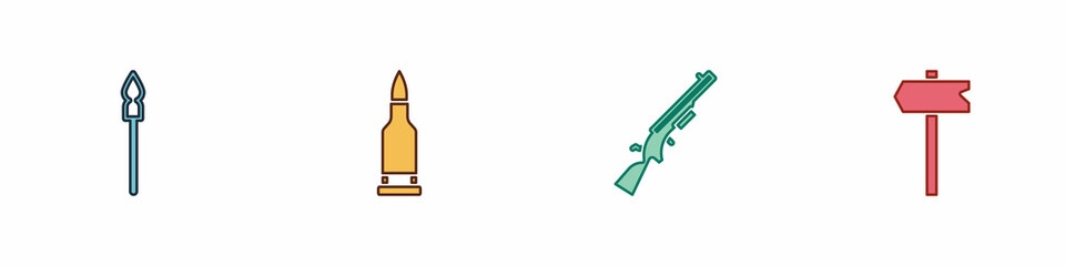 Sticker - Set Medieval spear, Bullet, Shotgun and Road traffic sign icon. Vector