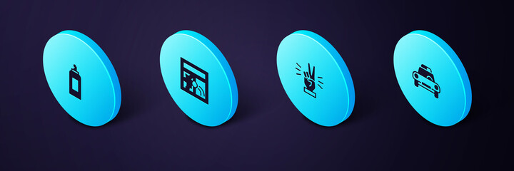 Sticker - Set Isometric Police car and flasher, Hand showing two finger, Broken window and Paint spray can icon. Vector