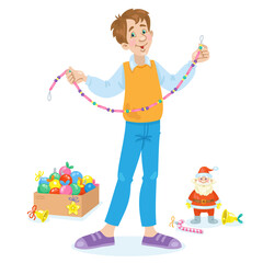 Poster - Young man collects Christmas decorations. In cartoon style. Isolated on white background. Vector illustration.