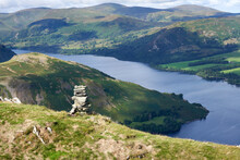 Views Of Ullswater With The Summits Of Hallin Fell On The Left, Green Hill On The Right And Great Dodd In The Distance From The Summit Of Bonscale Pike In The English Lake District, England, UK.