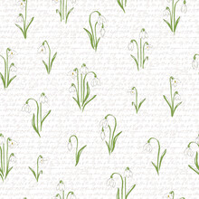 Snowdrops Flower On Calligraphic Background Hand Drawn Vector Seamless Pattern. Vintage Romantic Spring Garden Bloom Background. Retro Floral Print For Easter Spring Design