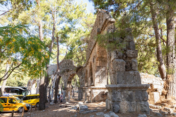 Wall Mural - Ruins of the aqueduct of the ancient ancient city of Phaselis illuminated by the bright sun in Pine forest, woods in sunny weather in Turkey, Antalya, Kemer. Turkey national nature landmarks.