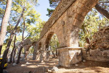Wall Mural - Ruins of the aqueduct of the ancient ancient city of Phaselis illuminated by the bright sun in Pine forest, woods in sunny weather in Turkey, Antalya, Kemer. Turkey national nature landmarks.