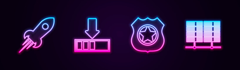 Wall Mural - Set line Rocket ship with fire, Loading, Police badge and Server, Data, Web Hosting. Glowing neon icon. Vector