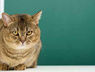 portrait of an adult straight Scottish gray cat. The animal looks at the camera