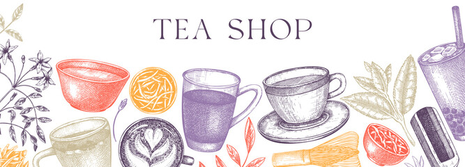 Hand-sketched tea drinks and ingredients banner in color. Vector sketches of hot beverage cups, dried leaves, jasmine blossoms background. Popular tea design for cafe or restaurant menu.