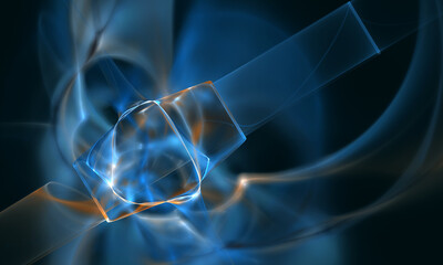 Wall Mural - Abstract fictional smooth fluid substance in various geometric and amorphous shapes. Blue orange ethereal composition. Illusion or hologram, weird fantasy aesthetics. Great as cover print, artwork. 