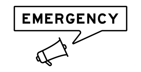 Sticker - Megaphone icon with speech bubble in word emergency on white background