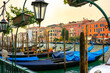 Gondolas docked on Grand Canal in Venice, Italy